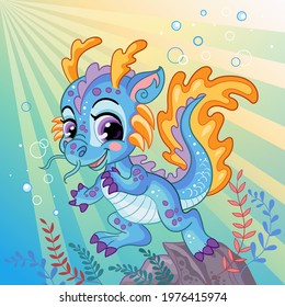 Fairy tale background and underwater world  coral reef    water dragon character  Vector bright cartoon illustration for children t  shirt   apparel  print   design  poster  card  sticker  decor