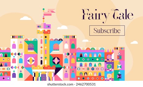 Fairy Tale Banner Castle. Vector Illustration of the Magical Fantasy Building. Subscribe Button. Day Sky with Clouds. 