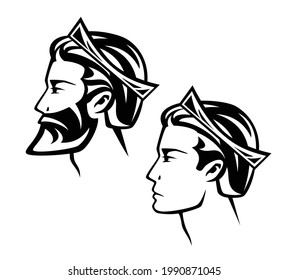 fairy tale bearded king or prince wearing royal crown - noble man black and white vector head portrait