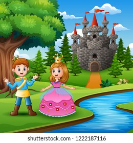 Fairy tale of beautiful Princess and Prince on the edge of the river