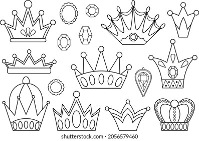 Fairy tale black and white crowns collection. Vector line set with fantasy king or queen accessories. Sovereign authority symbols. Medieval fairytale royal jewelry icons or coloring page

