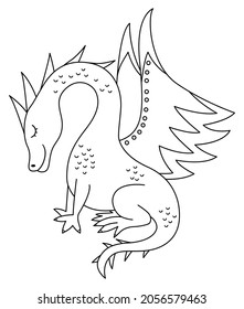 Fairy tale black and white dragon isolated on white background. Vector line fantasy animal with closed eyes. Medieval fairytale character. Cartoon magic icon or coloring page
