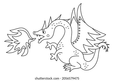 Fairy tale black and white dragon breathing out fire isolated on white background. Vector line fantasy animal. Medieval fairytale character. Cartoon magic icon or coloring page
