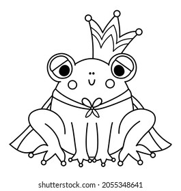 Fairy tale black and white frog prince with crown and mantle isolated on white background. Vector line fantasy animal in royal clothes. Medieval fairytale character or coloring page
