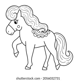 Fairy tale black and white horse with green saddle isolated on white background. Vector line fantasy animal. Medieval fairytale horse character. Cartoon magic icon or coloring page
