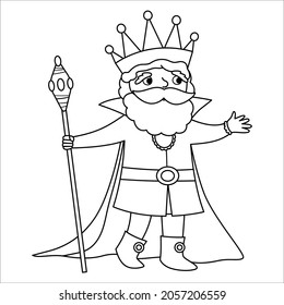 Fairy tale black and white king with scepter. Vector line fantasy monarch in crown and mantle. Medieval fairytale prince character. Cartoon magic sovereign icon or coloring page
