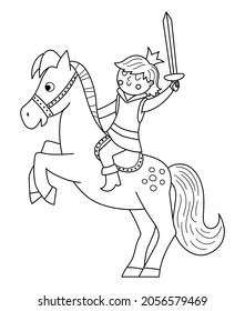 Fairy tale black and white prince with sword on a horse on the rack. Vector line fantasy young monarch in crown ready to fight. Medieval fairytale character icon or coloring page 
