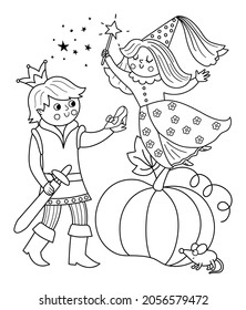 Fairy tale black and white prince with fairy, pumpkin, lost shoe, mouse. Vector line fantasy young monarch icon. Medieval fairytale characters. Cartoon magic tale scene coloring page
