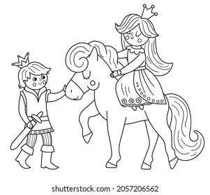 Fairy tale black and white prince with princess on a horse. Vector fantasy young line monarch in crown with girl. Medieval fairytale characters. Cartoon magic sovereign icon or coloring page
