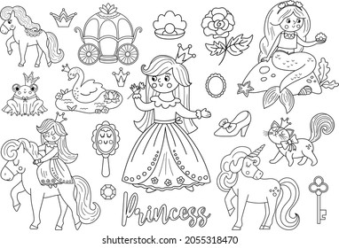 Fairy tale black and white princess collection. Big line vector set of fantasy girl, carriage, mermaid, unicorn frog prince, swan. Medieval fairytale maid pack or coloring page
