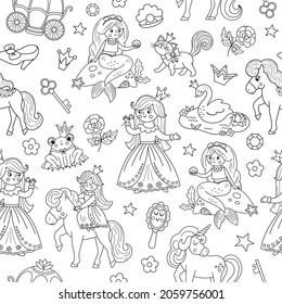 Fairy tale black and white princess seamless pattern. Repeat line background with fantasy girl, carriage, mermaid, unicorn frog prince, swan. Outline magic fairytale maid digital paper
