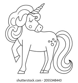 Fairy tale black and white unicorn isolated on white background. Vector line fantasy animal. Medieval fairytale horse character. Cartoon magic icon or coloring page
