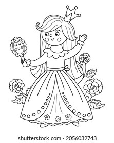 Fairy Tale Black And White Vector Princess With Mirror And Roses. Fantasy Line Girl In Crown. Medieval Fairytale Maid Coloring Page. Girlish Cartoon Magic Icon With Cute Character.
