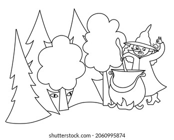 Fairy tale black and white vector magic forest illustration with witch, preparing potion in cauldron. Fairytale or Halloween fantasy line scene. Cartoon magic coloring page

