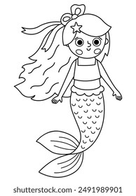 Fairy tale black and white vector mermaid. Fantasy fish girl isolated on white background. Fairytale sea princess. Treasure island, pirate, underwater adventure line icon. Cute siren coloring page