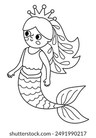 Fairy tale black and white vector mermaid. Fantasy fish girl isolated on white background. Fairytale sea princess. Treasure island, pirate, underwater adventure line icon. Cute siren coloring page