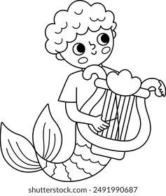 Cuento de hadas negro y blanco Vector sirena niño con arpa. Hombre de pescado de fantasía. Un príncipe de mar de cuento de hadas. Icono de línea de isla del tesoro. Lindo rey submarino para colorear página
