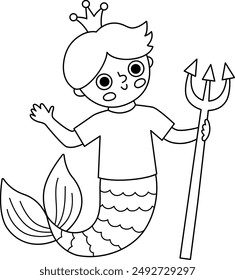 Fairy tale black and white vector mermaid boy with trident. Fantasy fish man. Fairytale sea prince. Treasure island, pirate adventure line icon. Cute underwater king coloring page
