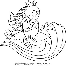 Fairy tale black and white vector mermaid sitting on a sand, lapped by water wave. Fantasy fish girl. Fairytale sea princess. Cute siren coloring page. Underwater line icon
