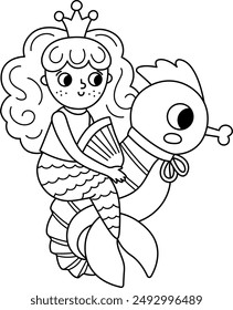Fairy tale black and white vector mermaid riding seahorse. Fantasy girl isolated on white background. Fairytale sea princess. Cute siren coloring page with pet animal. Underwater line icon

