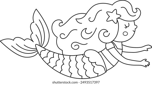 Fairy tale black and white vector swimming mermaid. Fantasy fish girl isolated on white background. Fairytale sea princess. Treasure island, underwater adventure line icon. Cute siren coloring page
