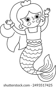 Fairy tale black and white vector mermaid. Fantasy fish girl isolated on white background. Fairytale sea princess with hands up. Treasure island, pirate, underwater line icon. Cute siren coloring page