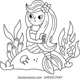 Cuento de hadas negro y blanco sirena de Vector sentado en una roca, peinándose el pelo. Chica de pescado de fantasía aislada sobre fondo blanco. Princesa de mar de cuento de hadas. Linda sirena para colorear página. Icono de línea submarina

