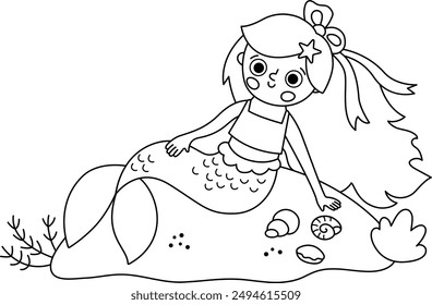 Fairy tale black and white vector mermaid sitting on a rock with seashells. Fantasy fish girl isolated on white background. Fairytale sea princess. Cute siren coloring page. Underwater line icon
