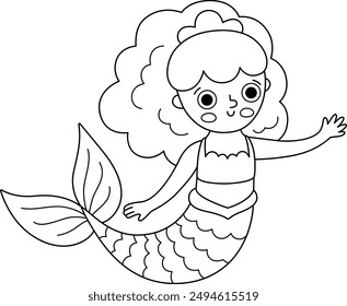 Fairy tale black and white vector mermaid. Fantasy fish girl isolated on white background. Fairytale sea princess. Treasure island, pirate, underwater line icon. Cute siren character, coloring page