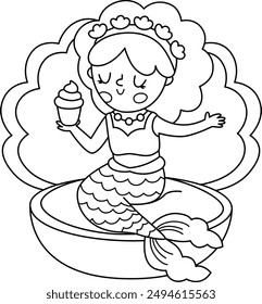 Fairy tale black and white vector mermaid sitting on a shell, eating cupcake. Fantasy fish girl isolated on white background. Fairytale sea princess. Cute siren coloring page. Underwater line icon

