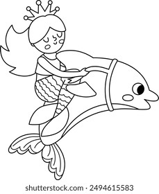 Fairy tale black and white vector mermaid riding dolphin. Fantasy girl isolated on white background. Fairytale sea princess. Cute siren coloring page. Underwater line icon
