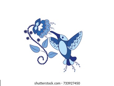 Fairy tale blue bird flying near blue flower. Vector illustration.