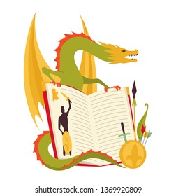 Fairy tale book concept - kids illustration with evil dragon, brave warrior. Imagination coming to life in a children fantasy book.
