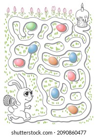 Fairy tale bunny rabbit with Easter basket looking for a way to tasty Easter cake. Labyrinth, Maze game for kids. Adults and children coloring book page, black and white contour doodle sketch