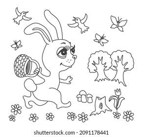 Fairy tale bunny rabbit with Easter basket Adults and children coloring book black and white page contour doodle sketch