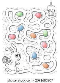 Fairy tale bunny rabbit with Easter basket looking for a way to tasty Easter cake. Labyrinth, Maze game for kids. Adults and children coloring book page, black and white contour doodle sketch