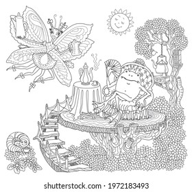 Fairy tale butterfly pixie women with coffee pot and funny happy frog in arm-chair drinking coffee. Linear black and white doodle sketch. Adults coloring book page, poster, café menu book cover