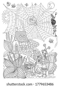 Fairy tale butterfly woman, caterpillar and spider, drinking morning coffee near the house and goose grass. Linear contour doodle sketch. Tee-shirt print, adults coloring book page, café menu brochure