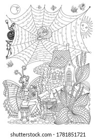 Fairy tale butterfly woman, caterpillar and spider, drinking morning coffee near the house and goose grass. Linear contour doodle sketch. Tee-shirt print, adults coloring book page, café menu brochure