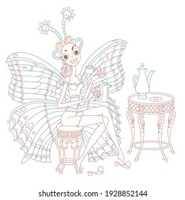 Fairy tale butterfly woman drinking morning coffee at a table. Linear coloful contour doodle sketch. Tee-shirt print, adults coloring book page, poster, café menu brochure cover