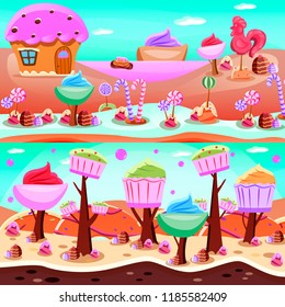 Fairy tale candy land flat compositions with sweet lake and forest from cupcakes isolated vector illustration