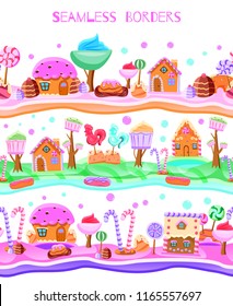 Fairy tale candy land with lollipops trees from cupcakes sweet houses flat seamless border vector illustration