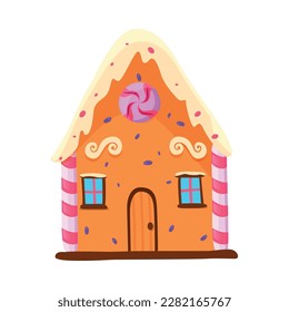 Fairy tale candy land magic house made of gingerbread and sweets flat vector illustration