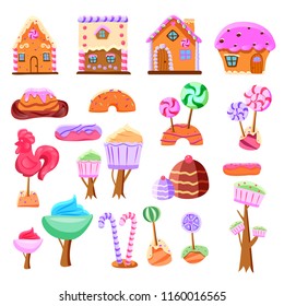 Fairy tale candy land set of flat icons gaming interface elements from various sweets isolated vector illustration 