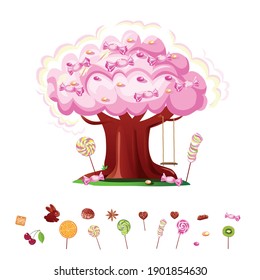 Fairy tale candy tree with pink lollipops and candy set for decoration. Set of fairy tale vector illustrations isolated on white background.