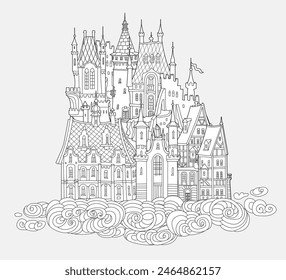 Fairy tale castle in the air. Coloring book page Hand drawn black and white sketch of medieval houses on the clouds