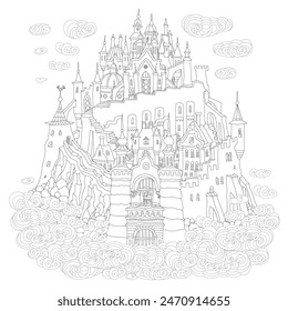 Fairy tale castle in the air. Coloring book page Hand drawn black and white sketch of medieval houses on the clouds