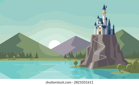 Fairy tale castle with blue and white towers built on a steep rocky mountain peak overlooking a scenic blue lake.