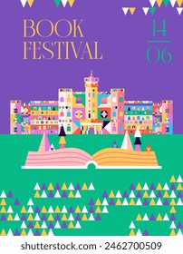Fairy Tale Castle Book Festival Poster. Vector Illustration of the Magical Fantasy Building Concept Design.