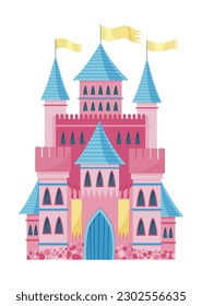 Fairy tale castle. Cartoon fantasy palace with towers, vector medieval fort or fortress. Fairy tale kingdom house building svg